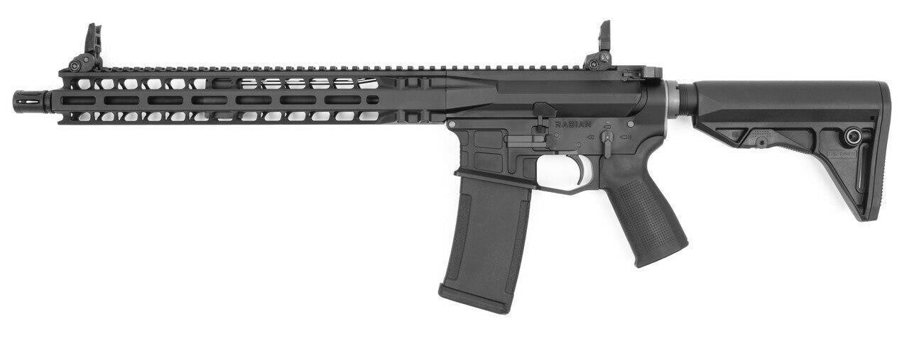KWA PTS Radian Model 1 gas blowback airsoft rifle full side view in black