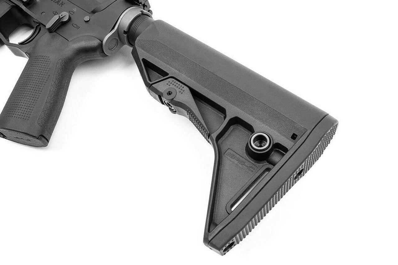 KWA PTS Radian Model 1 gas blowback airsoft rifle with handgrip and stock view