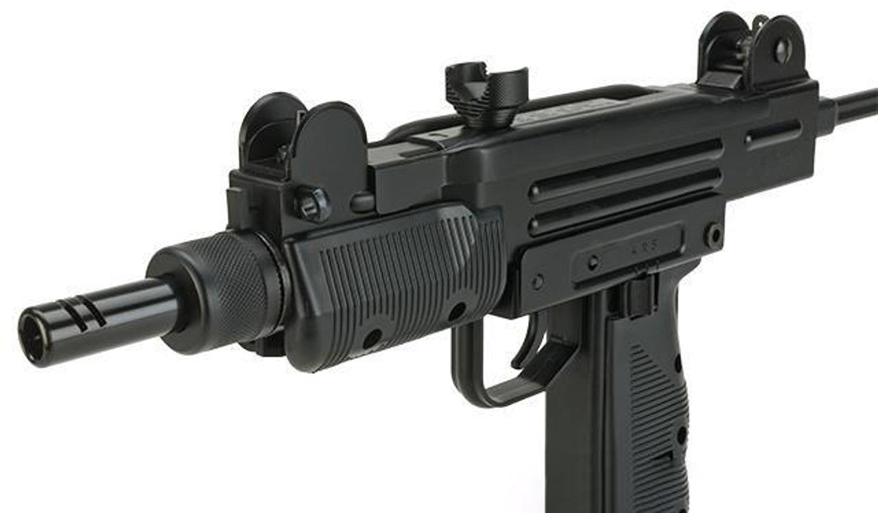 KWC Full Metal CO2 Powered Full Auto 4.5mm Mini Uzi Air Gun showing trigger front and back sight, and muzzle
