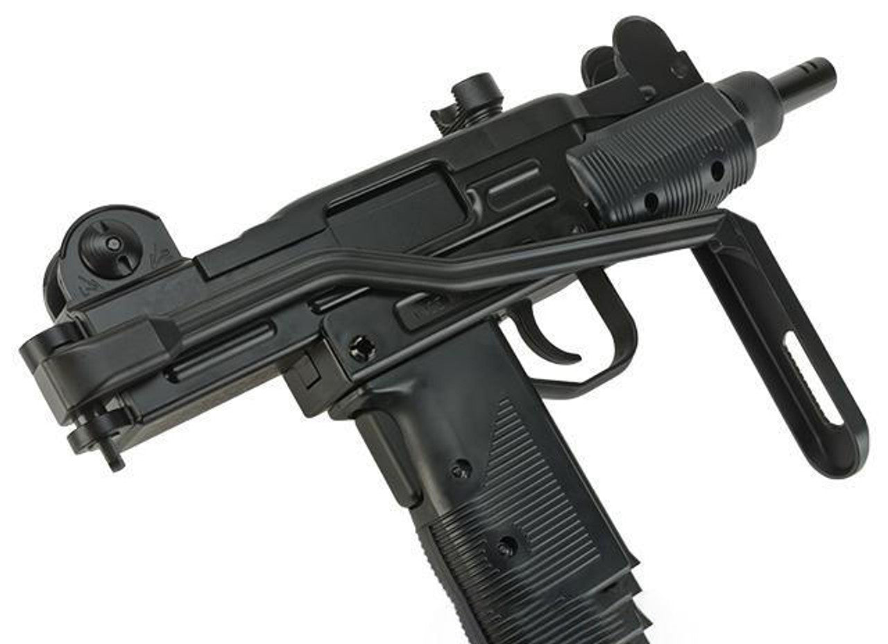 Full side view of KWC Mini Uzi CO2 airgun showcasing the full-metal black finish and folding stock