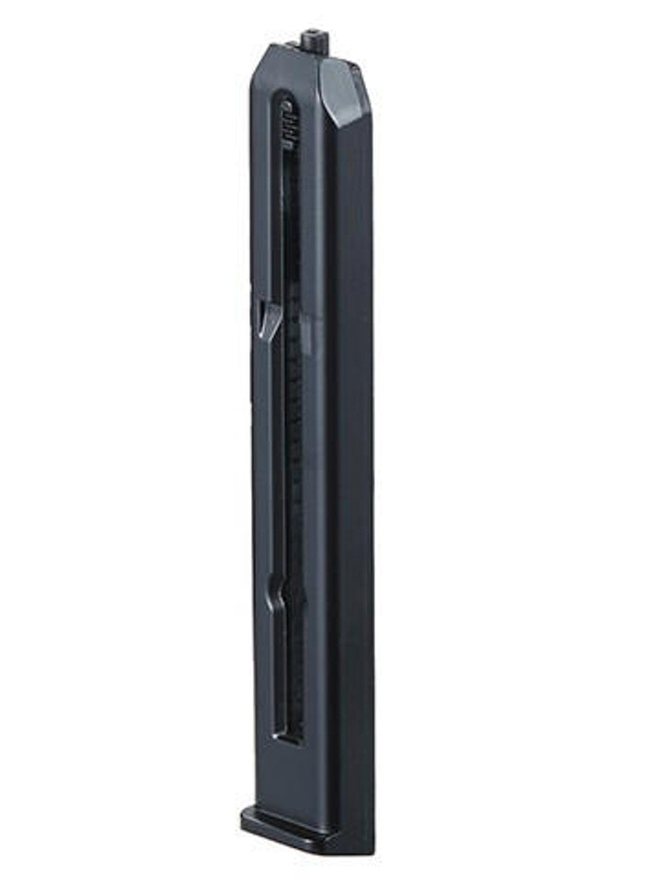 Lancer Air 21-round magazine for X84 CO2 .177 caliber airgun, black polymer left angle view of the chamber