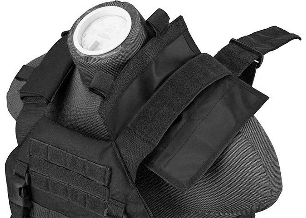 Lancer Tactical 1000D Nylon Buckle Up Assault Plate Carrier in Black, view of the left shoulder strap undone