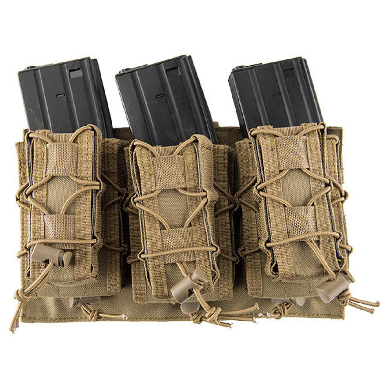 Lancer Tactical 1000D Nylon MOLLE 2-1 M4/Pistol Mag Pouch in Tan, designed to hold two M4 magazines and one pistol magazine. The pouch features bungee retention straps and is MOLLE compatible for secure attachment to tactical gear.