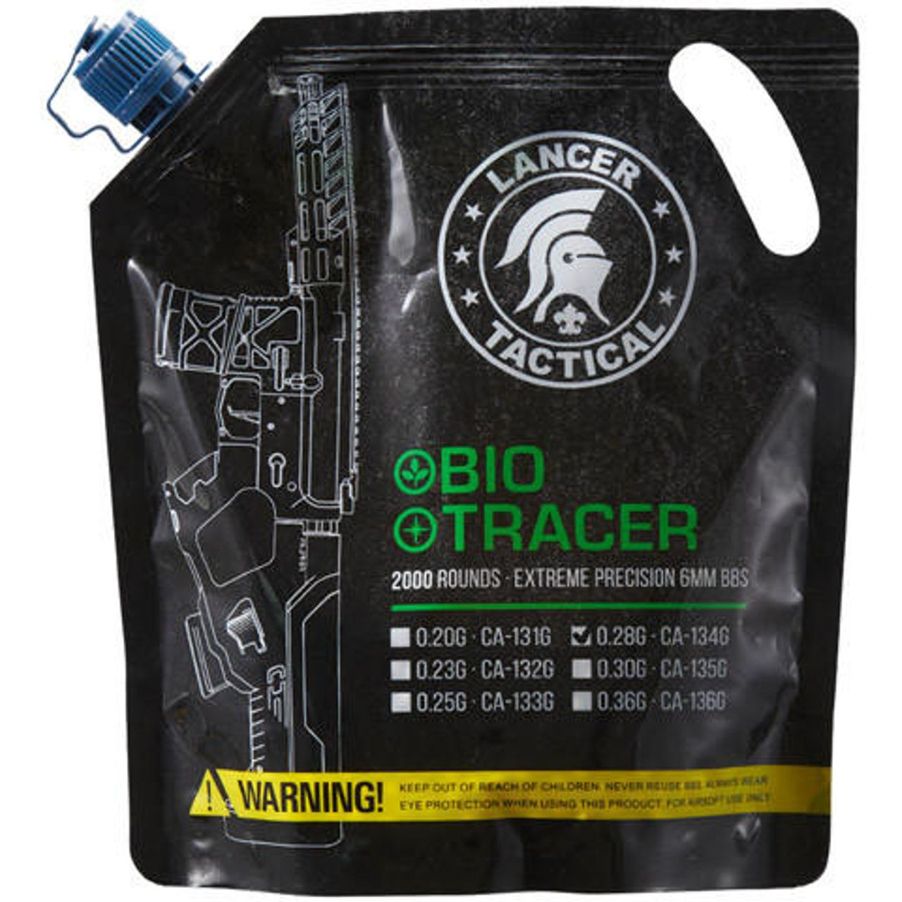 2000-round bottle of Lancer Tactical 0.28g biodegradable green tracer airsoft BBs, compatible with tracer units for night gameplay