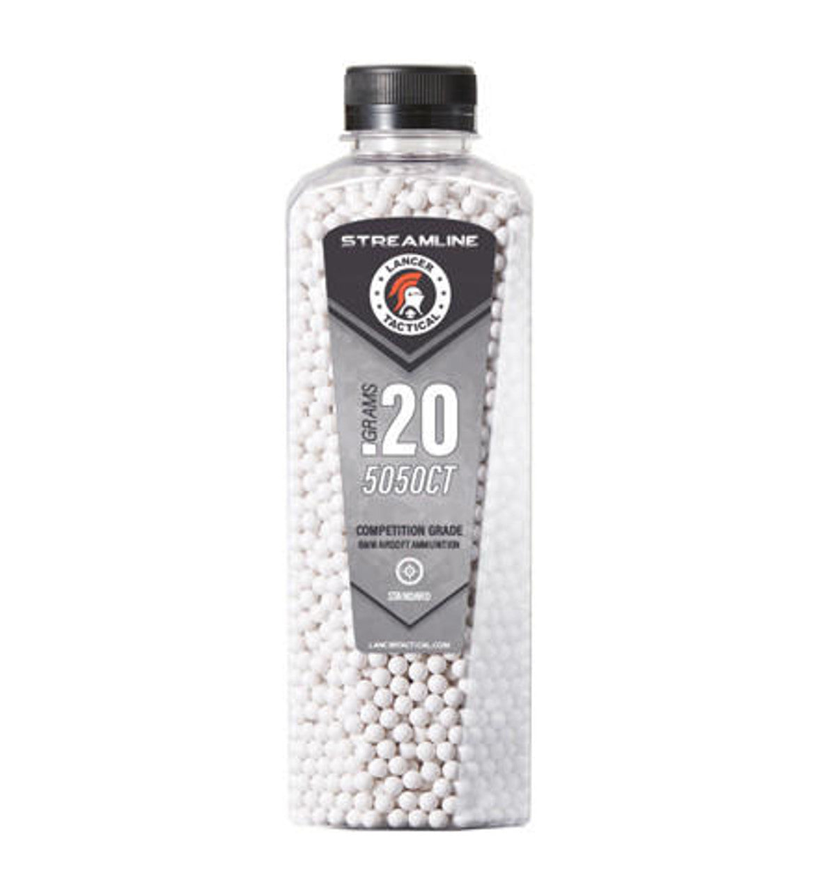 Lancer Tactical 0.20g white airsoft BBs – 5,050 round Streamline bottle for AEGs and GBBs, available at Gray Dragon Airsoft