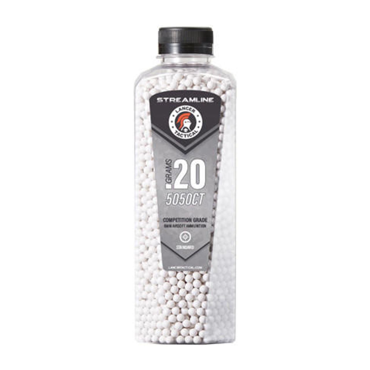 Lancer Tactical 0.20g white airsoft BBs – 5,050 round Streamline bottle for AEGs and GBBs, available at Gray Dragon Airsoft