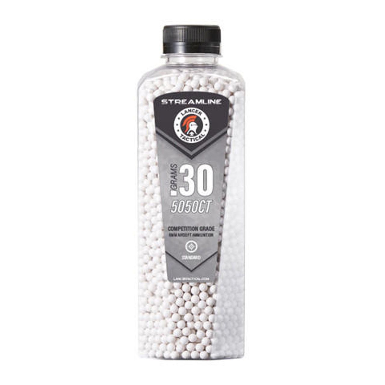 Lancer Tactical 0.30g Streamline Airsoft BB Bottle with 5050 white BBs, high-precision seamless design for AEG and HPA airsoft guns.
