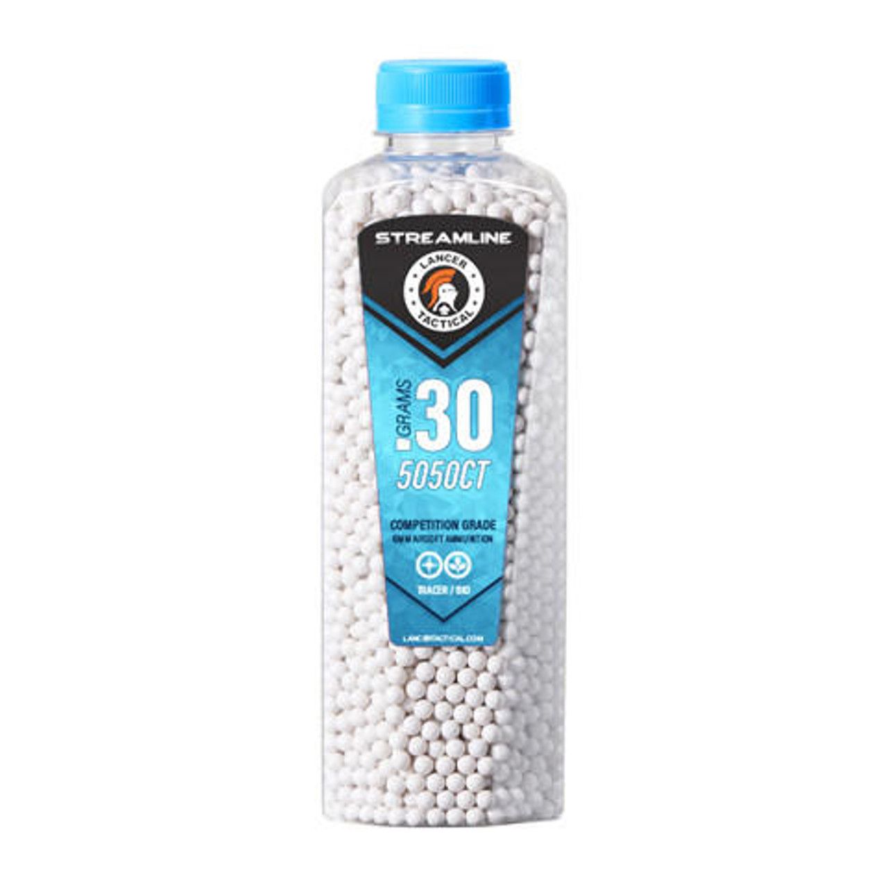 5050-round bottle of Lancer Tactical 0.30g biodegradable green tracer airsoft BBs for use with tracer units, eco-friendly, and designed for accuracy in night games.