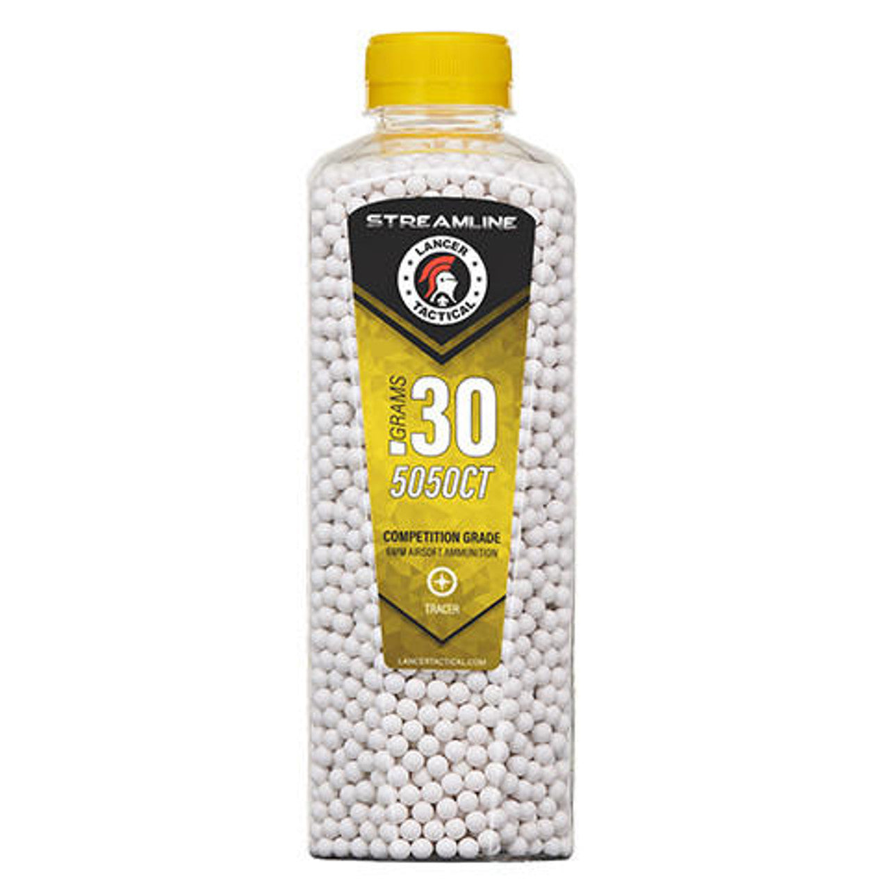 Lancer Tactical 0.30g Streamline Tracer Airsoft BBs, 5050 rounds in a bottle, green tracer glow, high-precision BBs for night games.