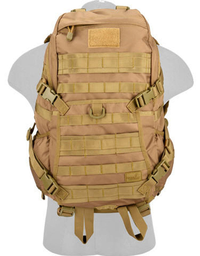 Lancer Tactical 600D Nylon EDC Fast Molle Backpack Khaki - View of Airsoft Play with Backpack On his Back