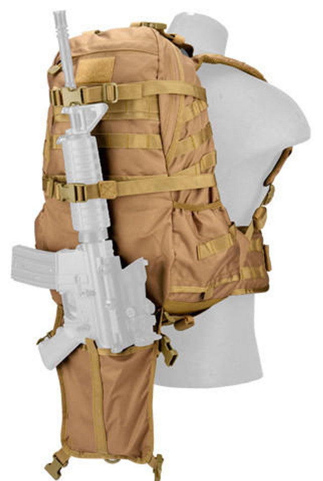 Lancer Tactical 600D Nylon EDC Fast Molle Backpack Khaki - Back Side View of Rifle Strapped in The Back with the Backpack