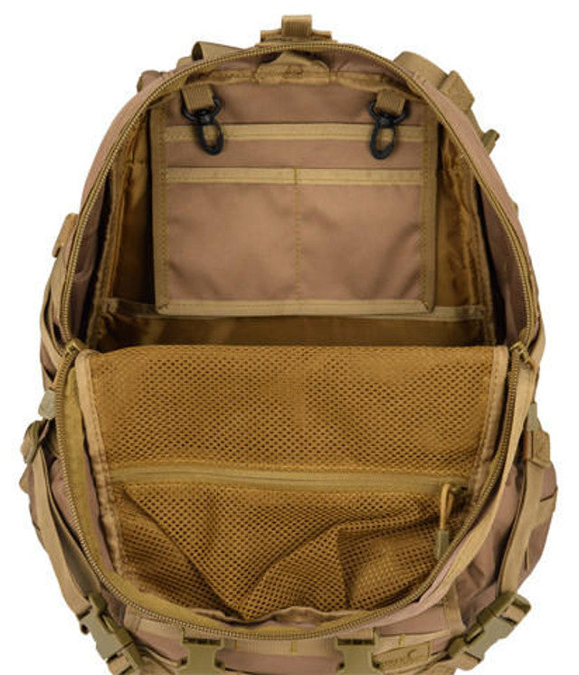 Lancer Tactical 600D Nylon EDC Fast Molle Backpack Khaki - Back Side View with the Backpack Open