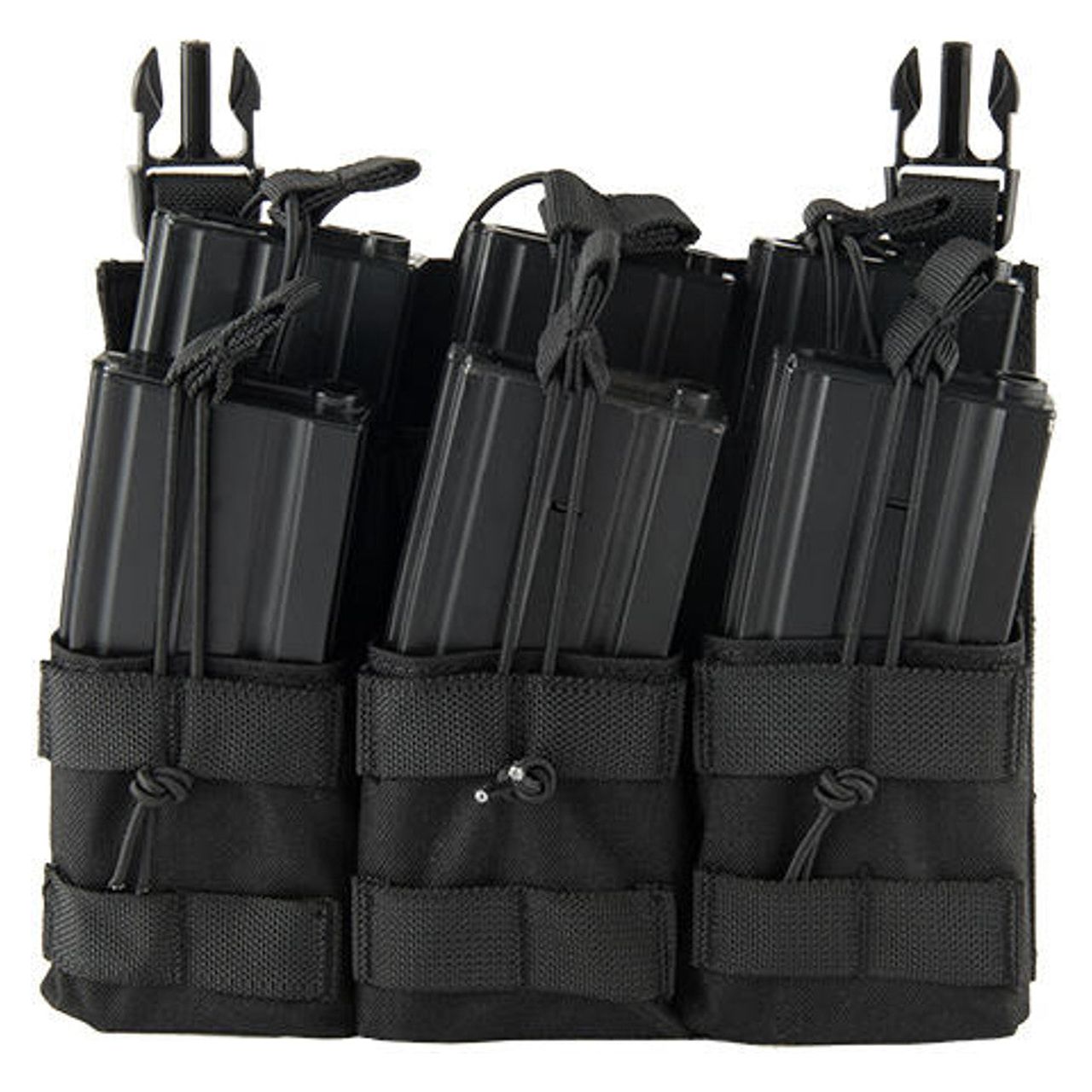 Lancer Tactical Adaptive Hook and Loop Triple Dual Mag Pouch in black, designed to hold up to six M4/M16 STANAG-style magazines. The pouch features bungee retention straps and a hook and loop attachment system for secure and easy magazine storage on tactical gear