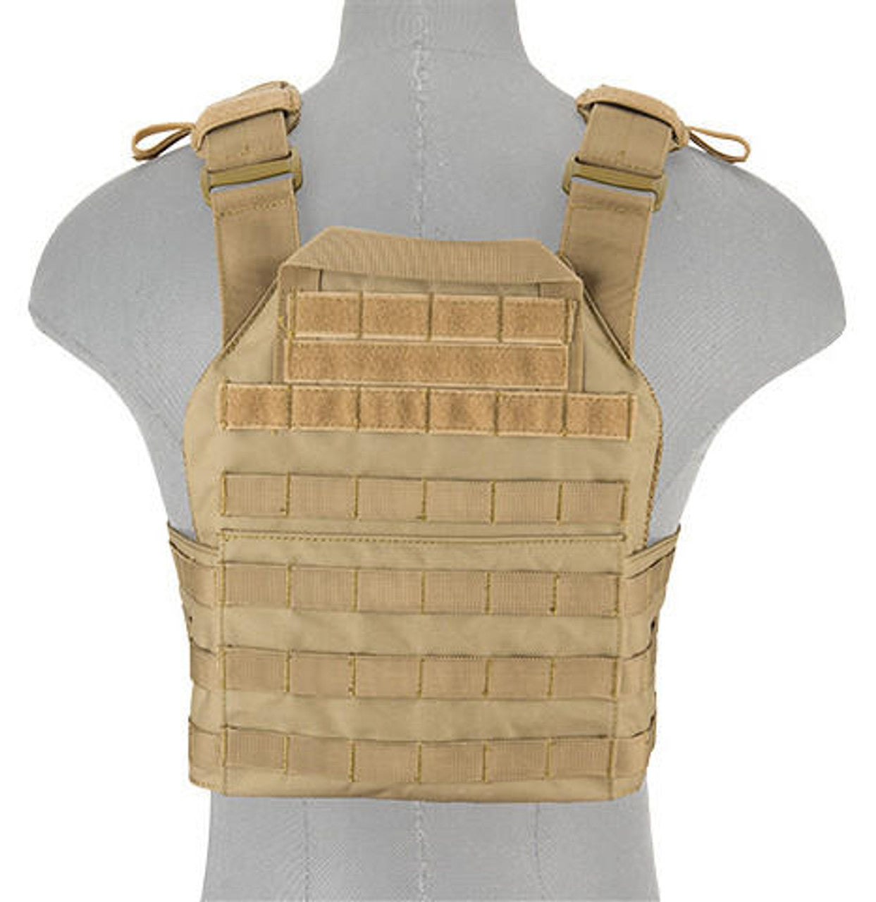 Front view of the Lancer Tactical Assault Recon Plate Carrier in Tan, featuring MOLLE webbing for attaching tactical accessories and pouches.