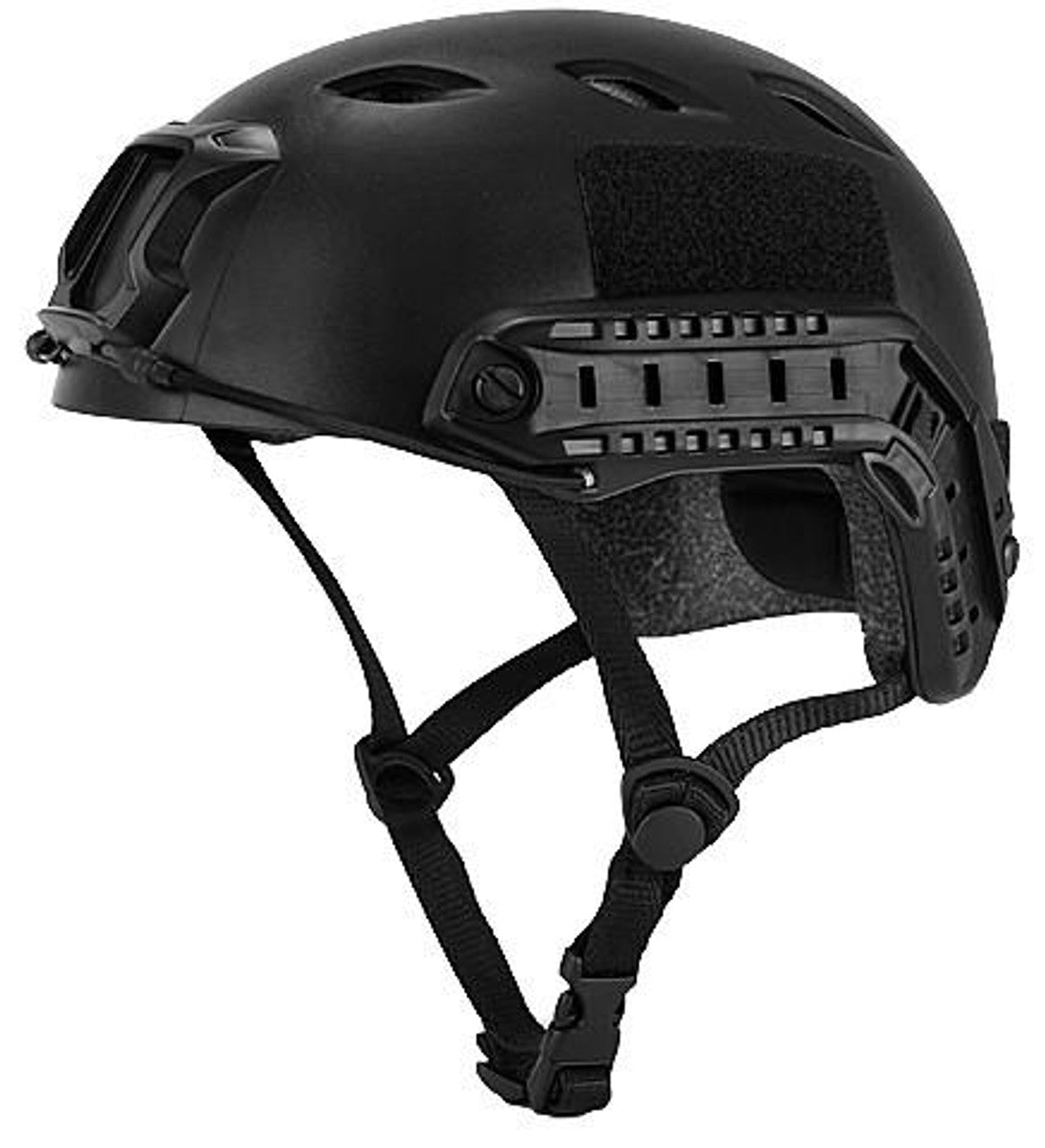 Front view of Lancer Tactical BJ Type 'Basic Version' Helmet in black, size Medium, featuring adjustable chin strap and ventilation holes, available at Gray Dragon Airsoft
