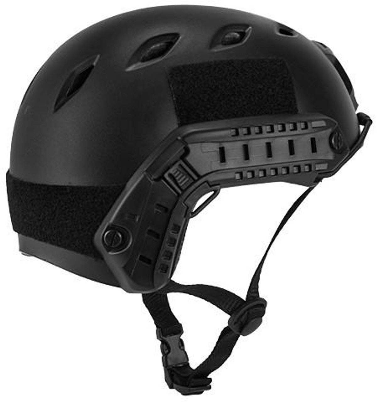 Side profile of Lancer Tactical BJ Type 'Basic Version' Helmet in black, size Medium, showcasing its sleek design, ventilation, and comfortable fit, available at Gray Dragon Airsoft.