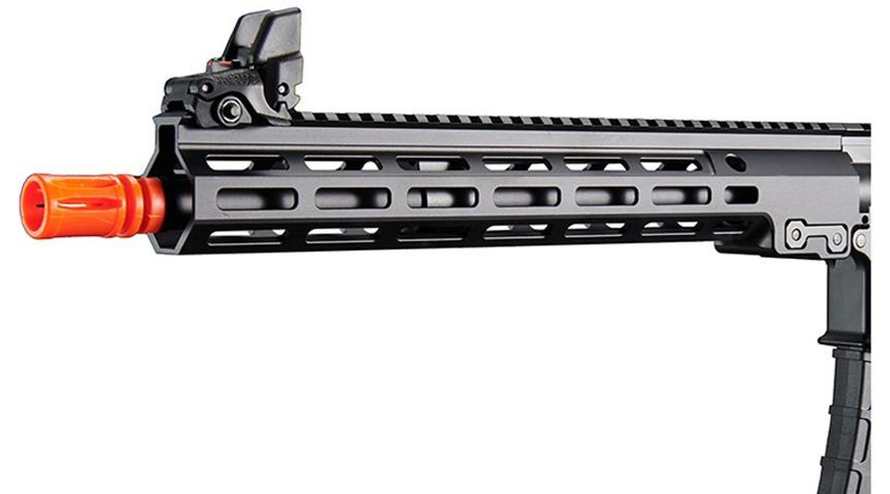 Lancer Tactical Block 3 13-inch full metal gas blowback airsoft rifle - view of muzzle, Picatinny rail, and front sight