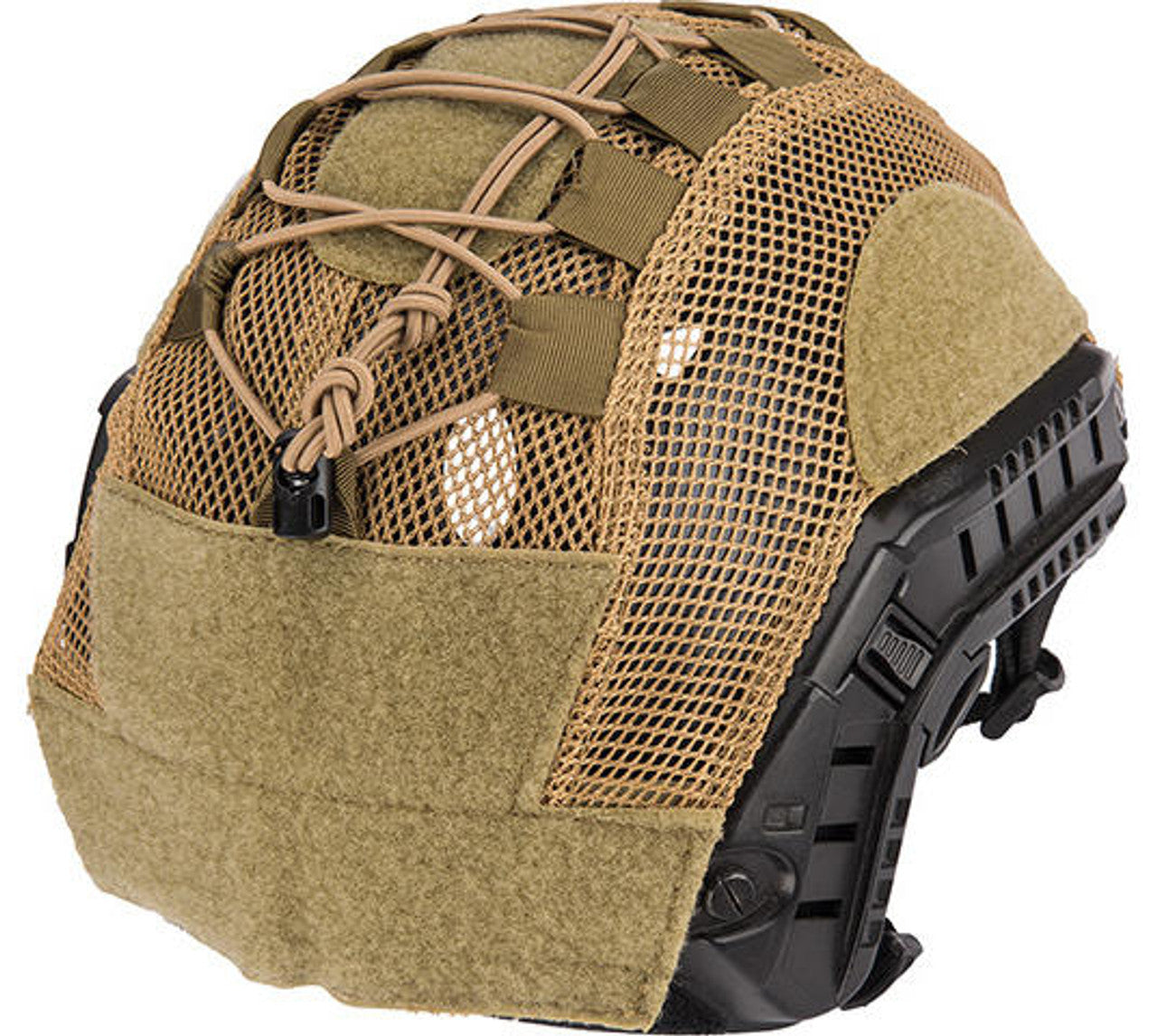 Side view of Lancer Tactical BUMP Helmet Cover in Tan, showing snug fit over a medium-sized tactical helmet