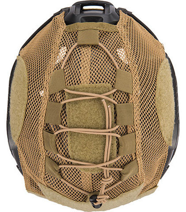 Close-up of the Lancer Tactical BUMP Helmet Cover in Tan with Velcro patches for customization