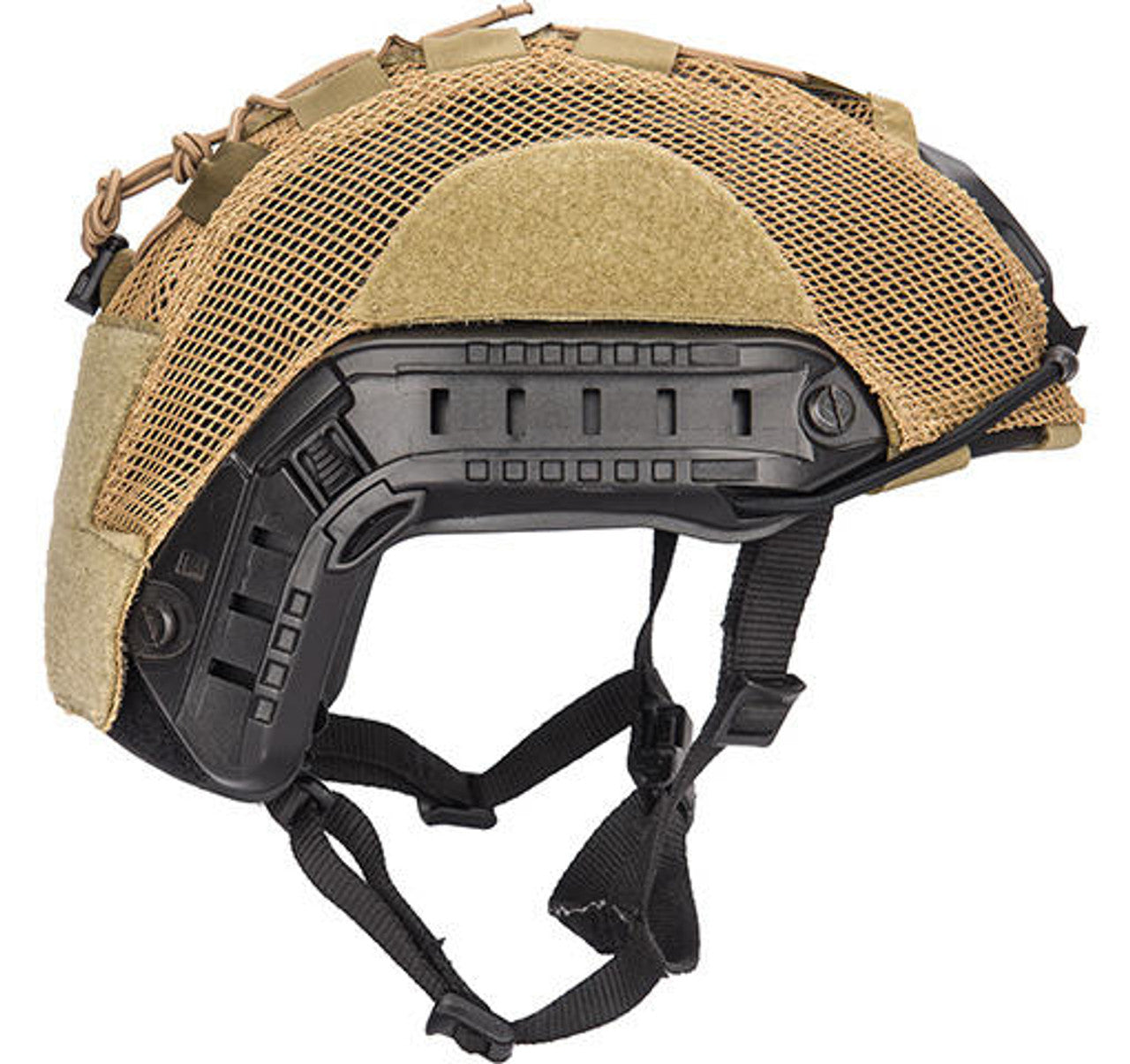 Lancer Tactical BUMP Helmet Cover in Tan, worn on a medium-sized helmet for tactical airsoft gameplay