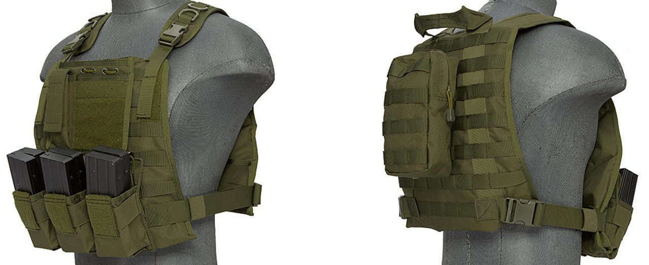 Lancer Tactical CA-301GN OD Green plate carrier front view with MOLLE webbing - left angle front view and Right angle back side view