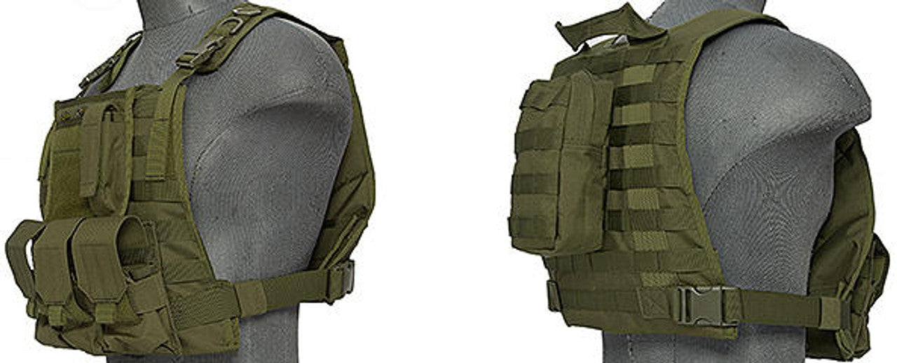 Lancer Tactical CA-301GN OD Green plate carrier left side front view and right side view of the back