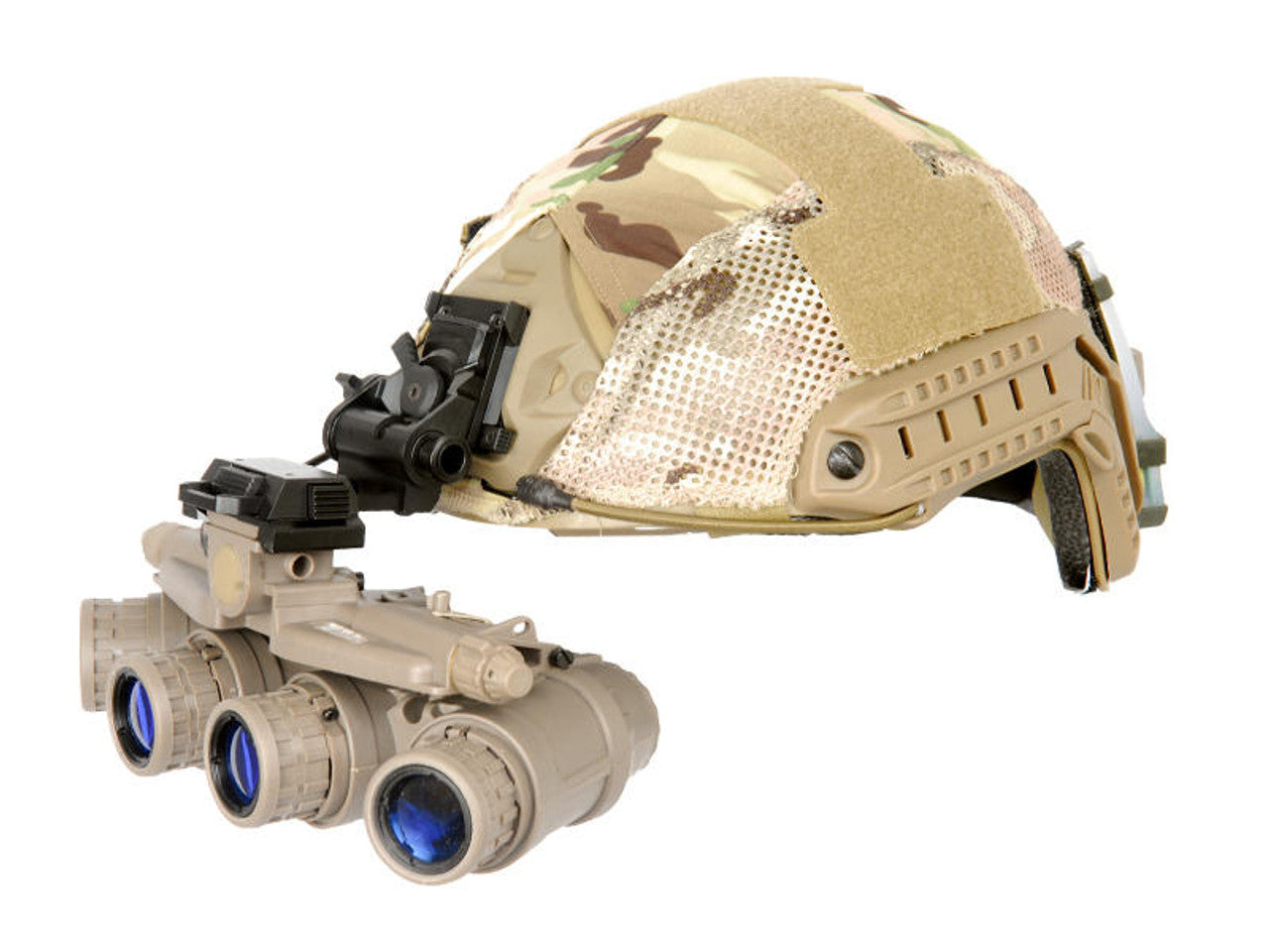 Side view of the Lancer Tactical CA-737T Dummy GPNVG-18 in Dark Earth showing the detailed design and ergonomic fit