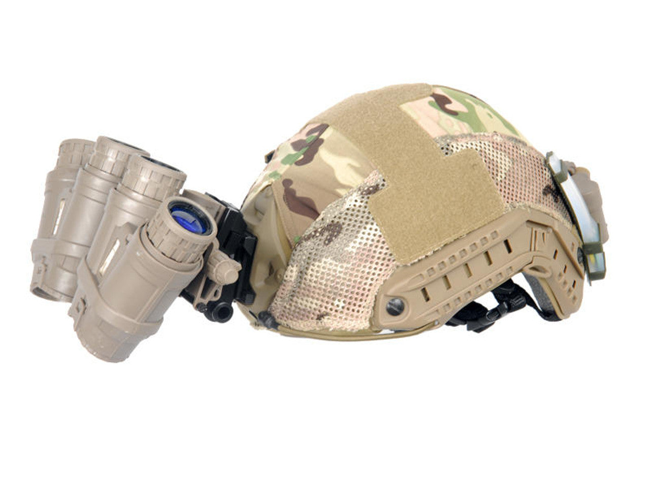 Lancer Tactical CA-737T Dummy GPNVG-18 in Dark Earth mounted on a tactical helmet for airsoft
