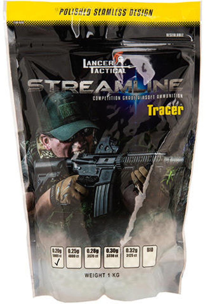 Lancer Tactical Streamline 0.20g green tracer airsoft BBs – 5,000 rounds in resealable bottle, designed for use with tracer units, available at Gray Dragon Airsoft