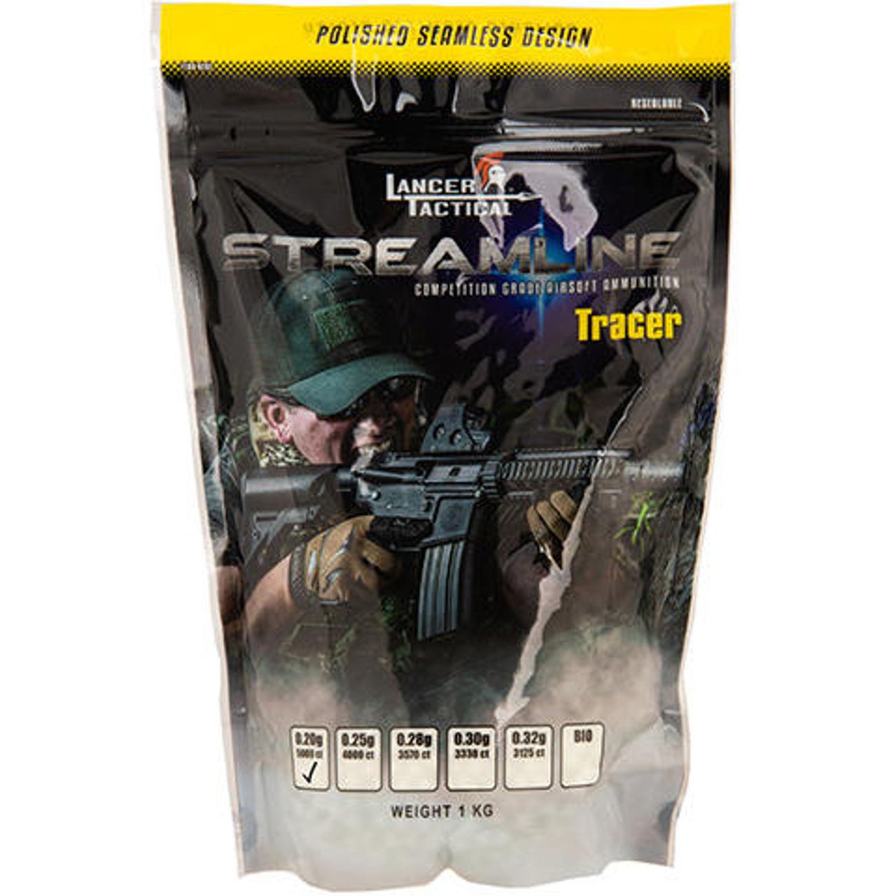 Lancer Tactical Streamline 0.20g green tracer airsoft BBs – 5,000 rounds in resealable bottle, designed for use with tracer units, available at Gray Dragon Airsoft