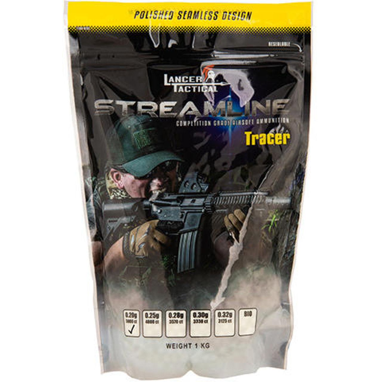 3570-round bottle of Lancer Tactical 0.28g biodegradable green tracer airsoft BBs, designed for tracer units and night gameplay.