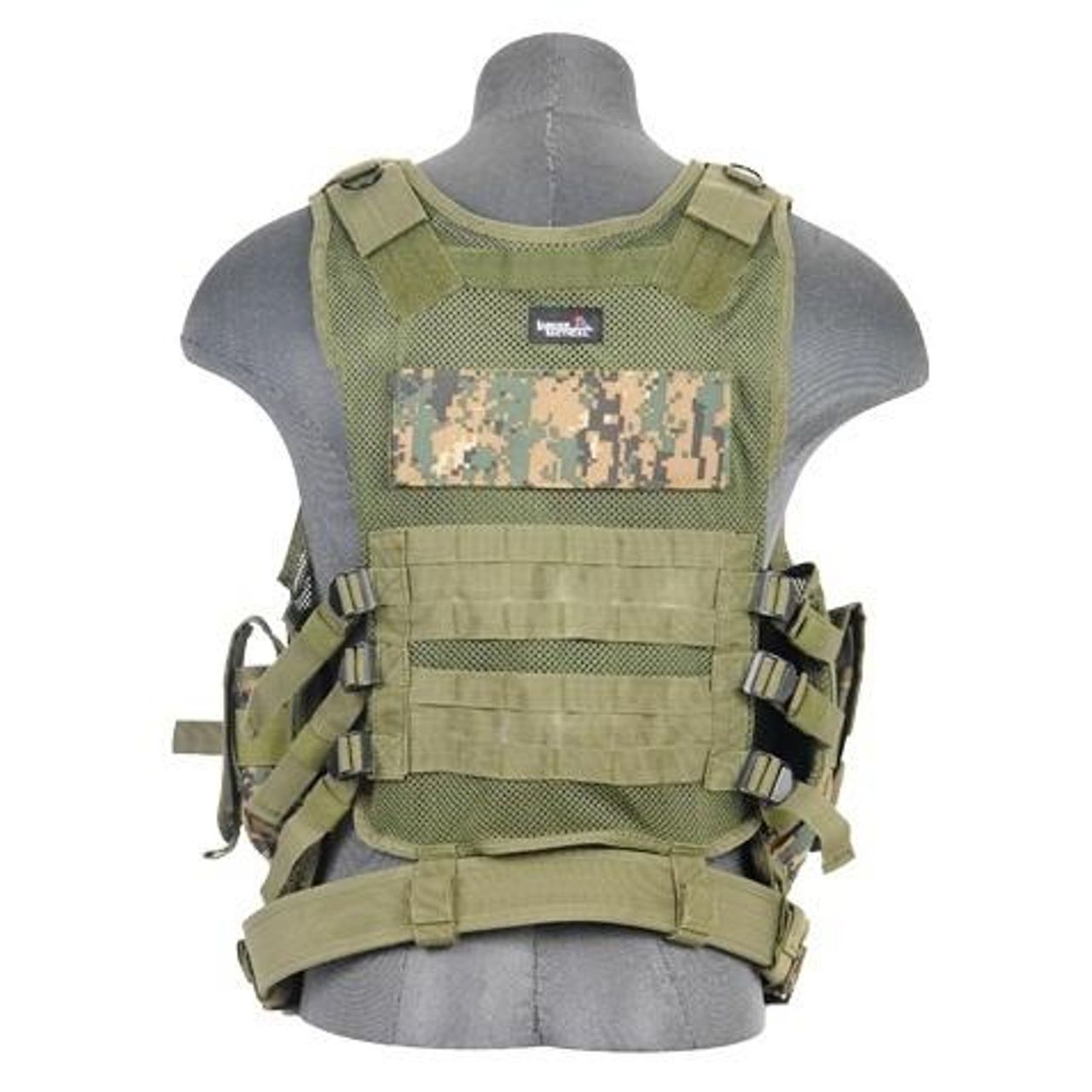 Adjustable Lancer Tactical Cross Draw Vest in Digital MARPAT camo for airsoft and tactical use