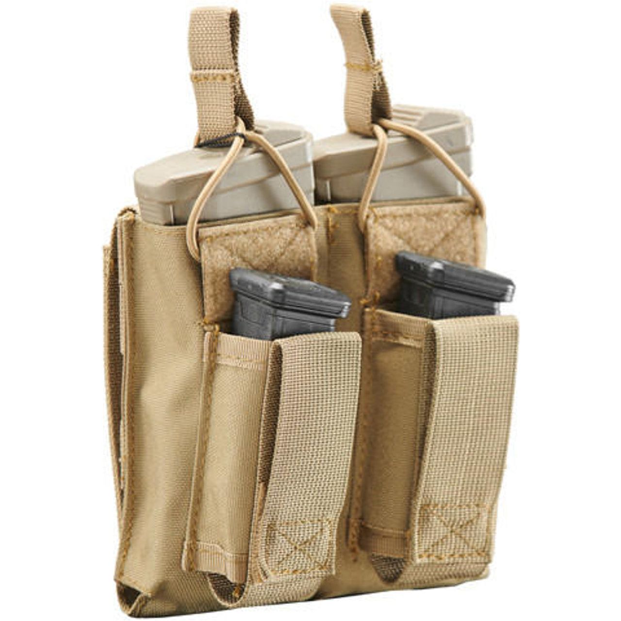Lancer Tactical Double M4 / Pistol Magazine Pouch in Tan, designed to hold two M4 style magazines and two pistol magazines, featuring durable nylon fabric, bungee retention straps, and MOLLE compatibility for secure attachment to tactical gear.