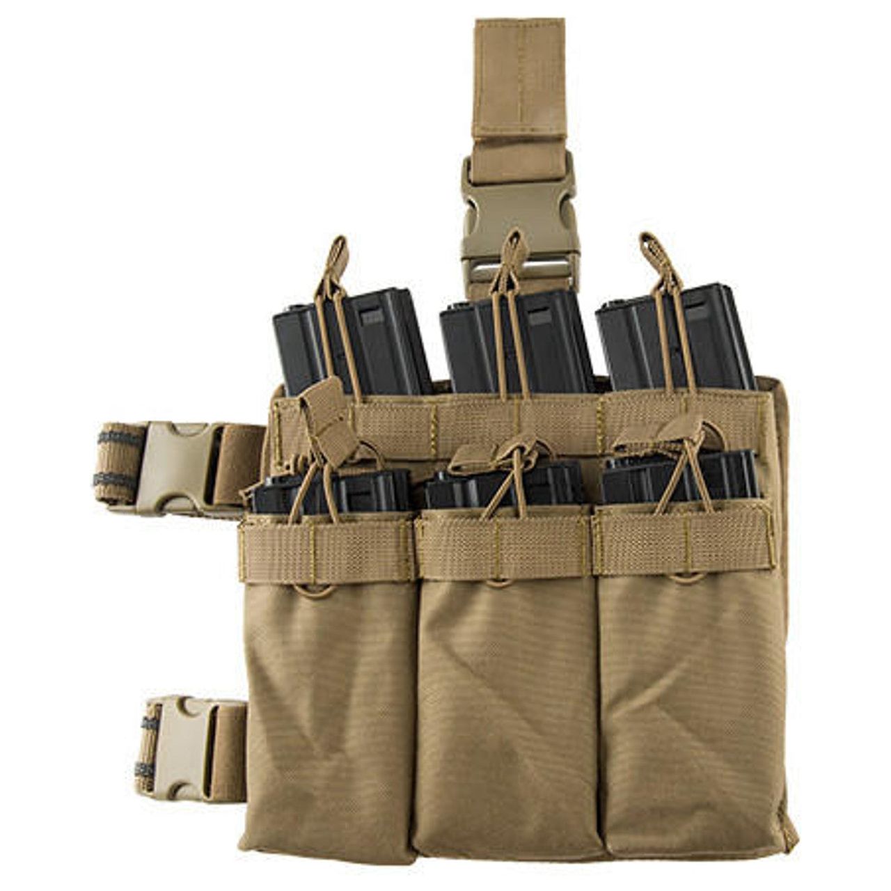 "Lancer Tactical Drop Leg Six M4/M16 Magazine Panel in Tan, designed to hold six M4/M16 magazines, featuring durable polyester fabric, wrap-around straps, bungee retention, and adjustable leg straps for secure attachment