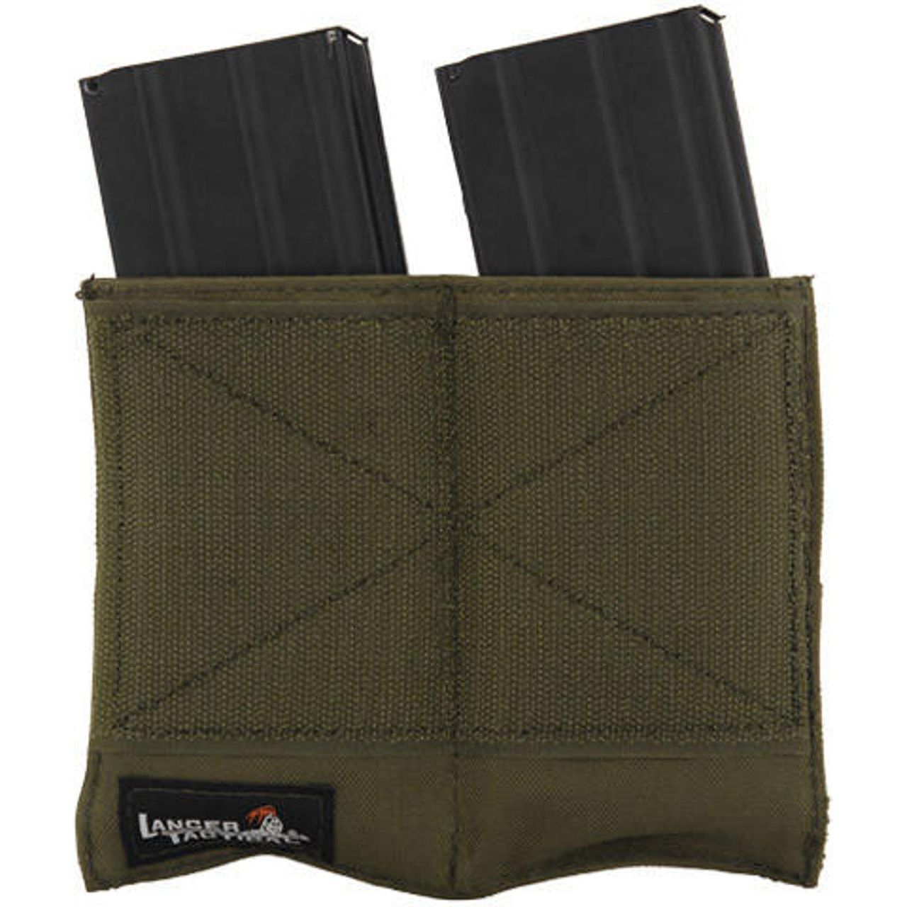 Lancer Tactical Dual Inner Mag Pouch in OD Green, designed to hold two M4 magazines. The pouch fits into the kangaroo pocket of a vest and features an open-top design for easy access and quick reloading.