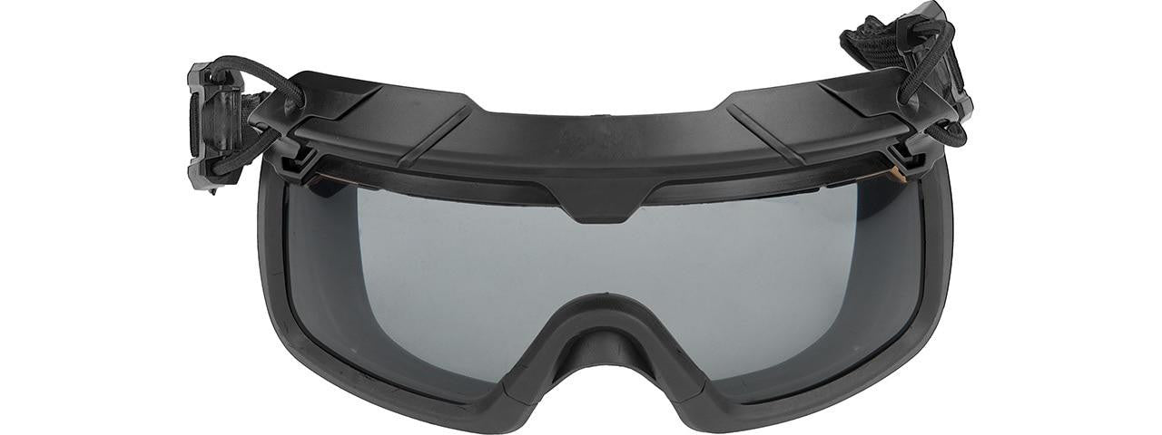 "Lancer Tactical Helmet Safety Goggles with Smoke Lens attached to a tactical helmet, showcasing durable, impact-resistant design ideal for airsoft and training use.