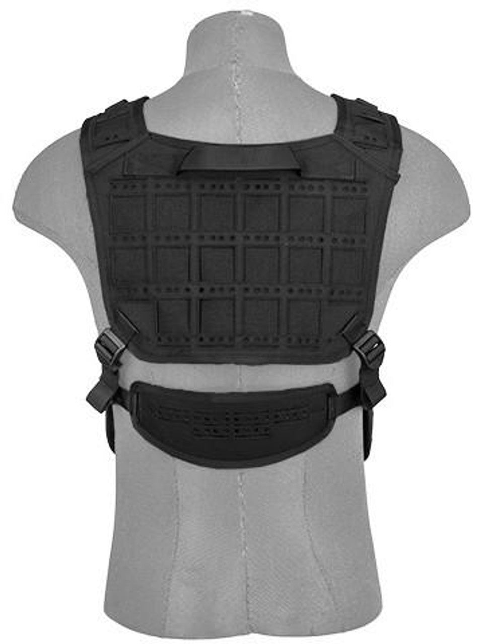 Front view of the Lancer Tactical Laser Cut Airsoft Chest Rig in Black, featuring laser-cut MOLLE webbing and customizable pouches for tactical gear