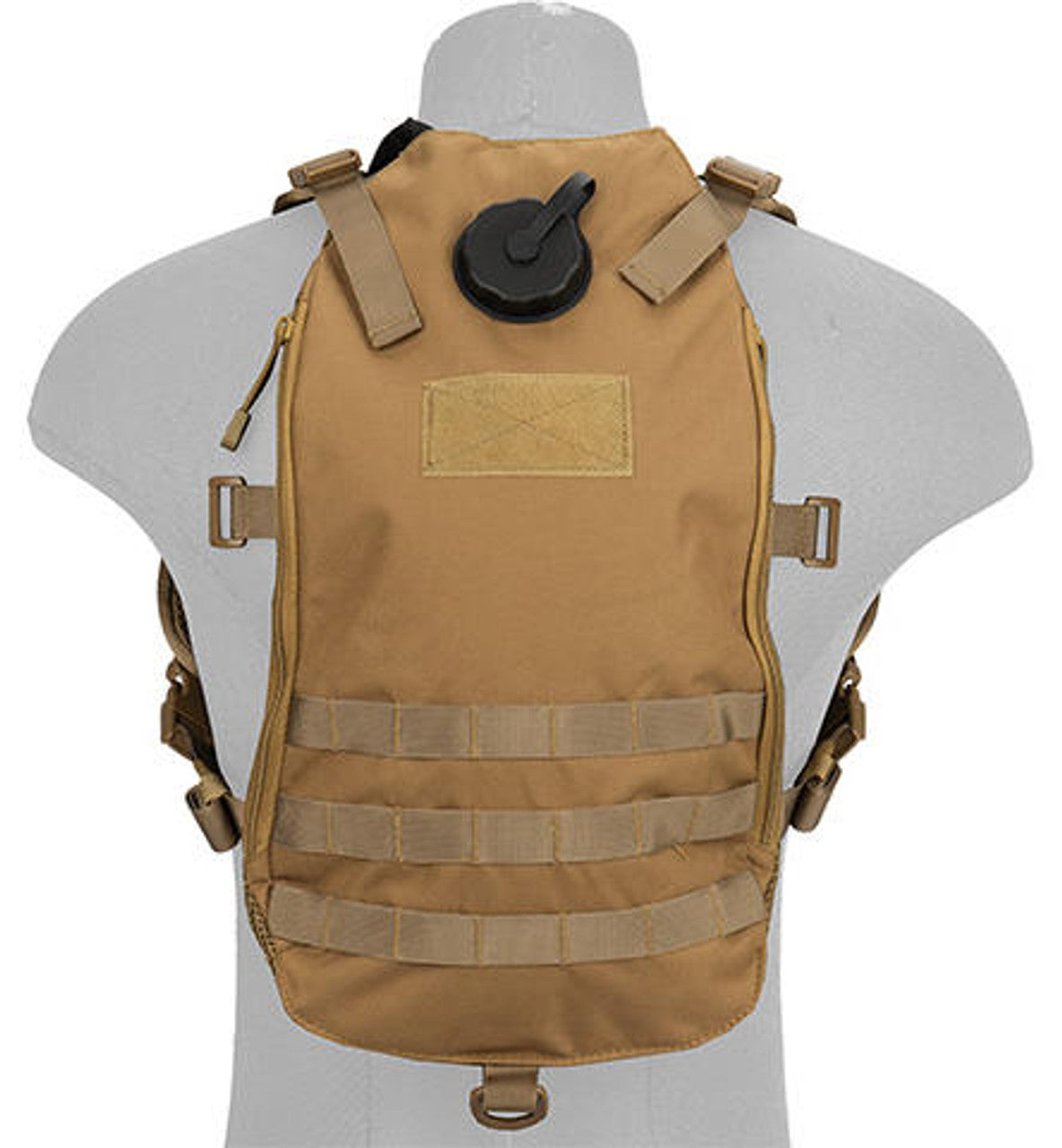 Front view of the Lancer Tactical Lightweight Hydration Airsoft Pack in Tan, showcasing MOLLE webbing for attaching additional gear