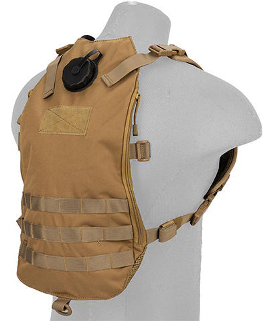 Side view of the Lancer Tactical Hydration Pack with adjustable shoulder straps and breathable back panel for comfort during use