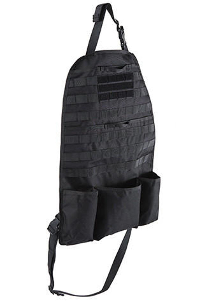 Lancer Tactical Lightweight Tactical Apron in Black with multiple pockets and MOLLE webbing for storing gear and accessories during tactical operations - Right Angle View of the Apron with Pouches, Neck and Waist Straps