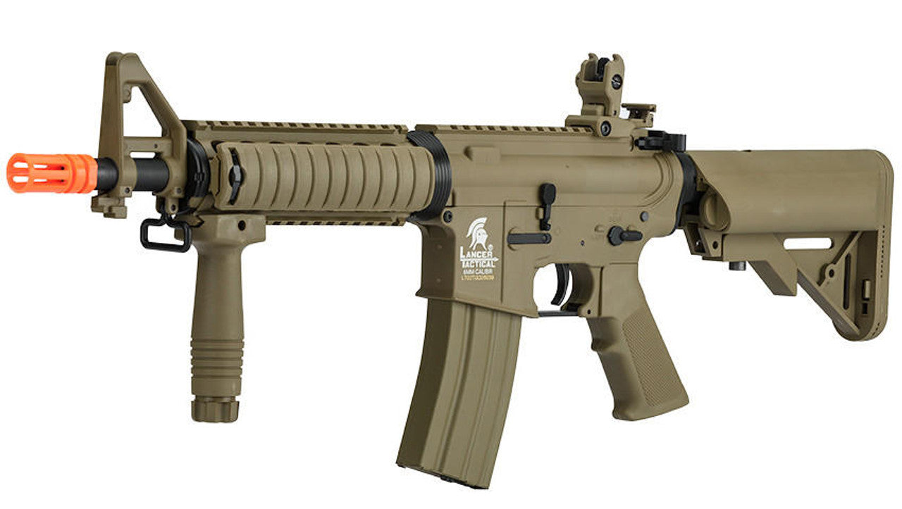 Tan Lancer Tactical AEG with quad railed polymer handguard