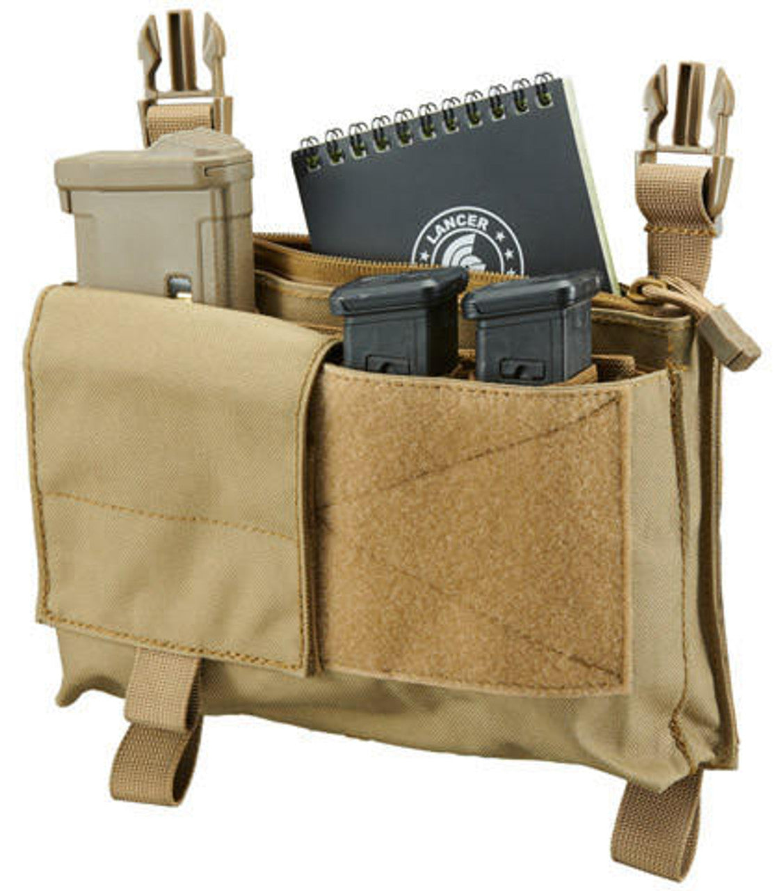 Lancer Tactical MK4 Fight Chassis Buckle Up Pouch Panel in Tan with buckle-up system and MOLLE webbing for modular tactical gear attachment. - View of Pouch with Airsoft Magazine and Note Pad