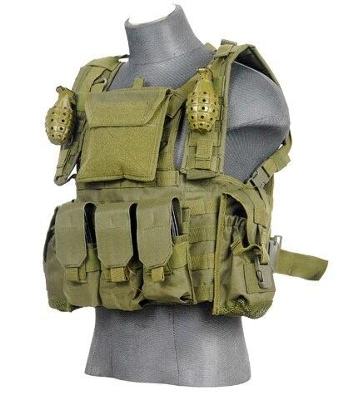 Lancer Tactical OD Green modular chest rig front view with built-in pouches