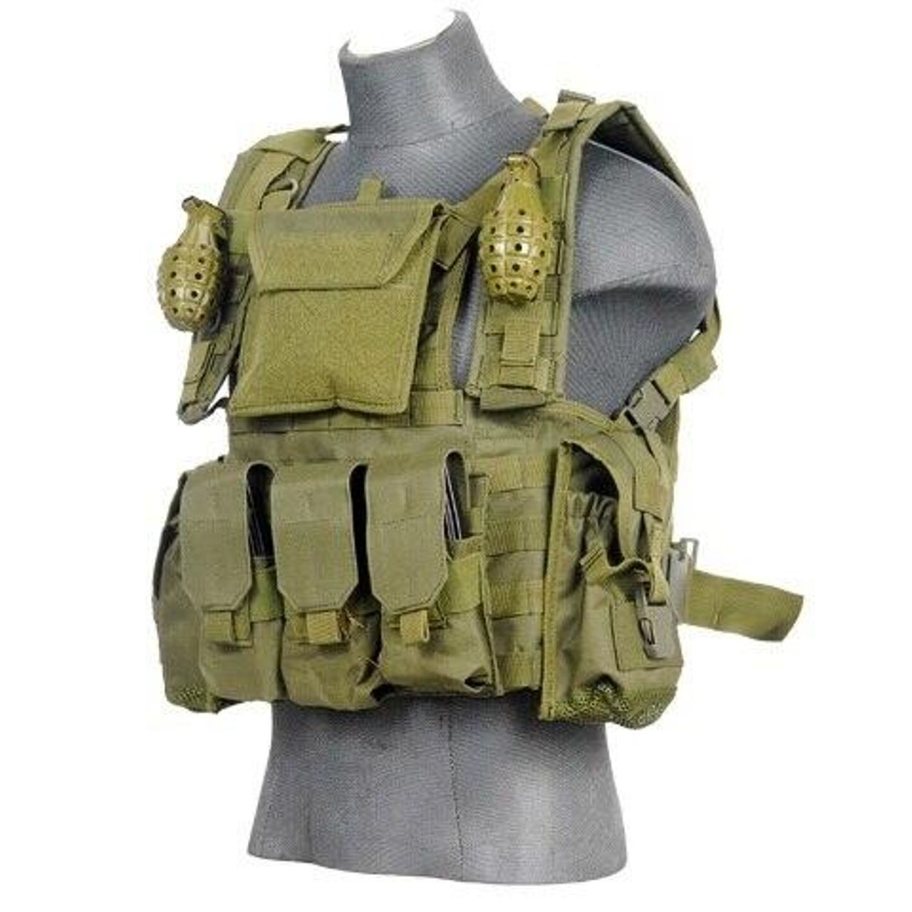 Lancer Tactical OD Green modular chest rig front view with built-in pouches