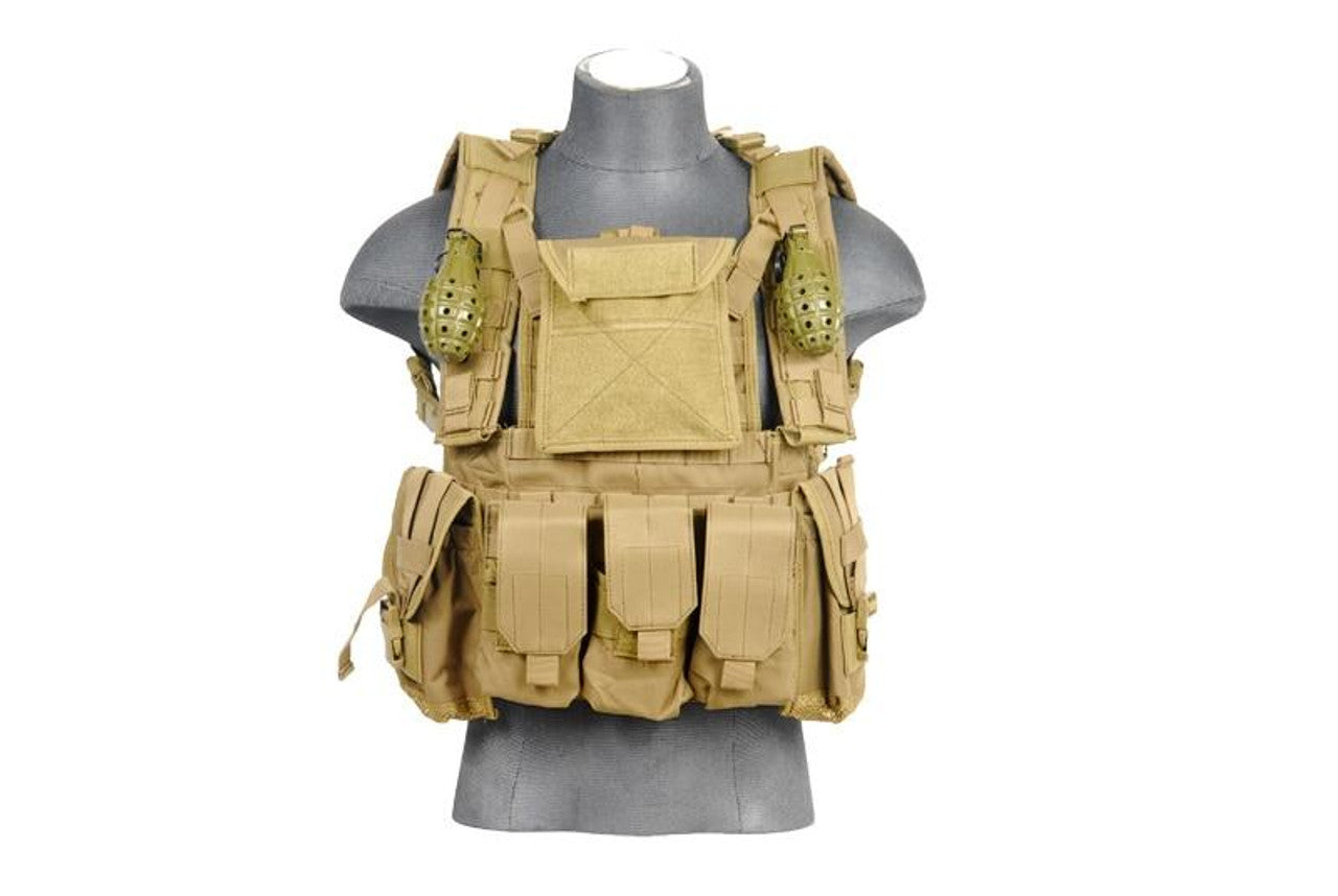 Lancer Tactical modular chest rig in tan with triple mag pouches and MOLLE webbing