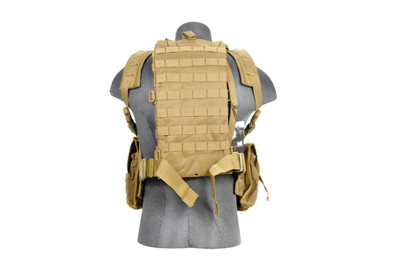 Lancer Tactical modular chest rig in tan with triple mag pouches and MOLLE webbing - Back side view of Shoulder and lower back straps