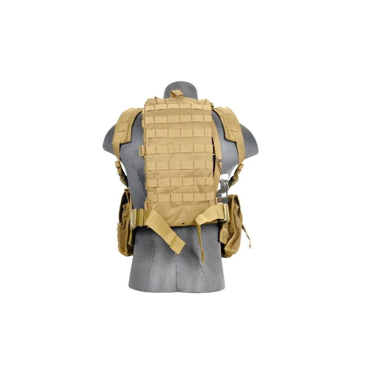 Lancer Tactical modular chest rig in tan with triple mag pouches and MOLLE webbing - Back side view of Shoulder and lower back straps