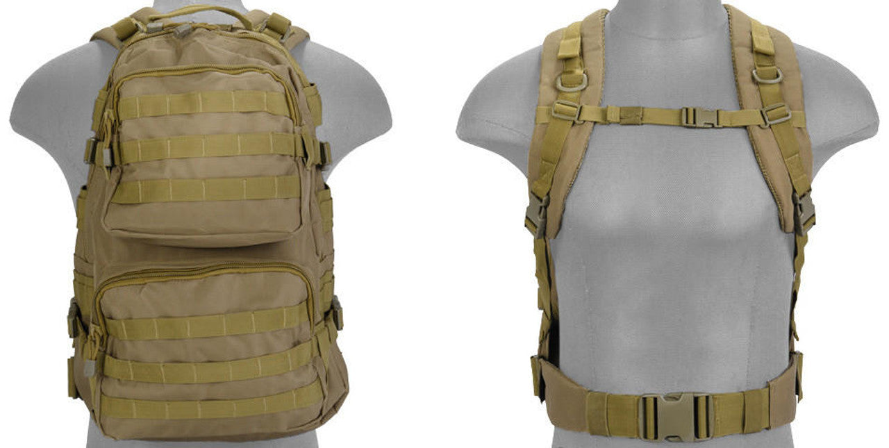 Lancer Tactical Multi-Purpose Backpack in Dark Earth, with MOLLE webbing, adjustable straps, and large main compartment for tactical gear storage, Back Side and Front Side View