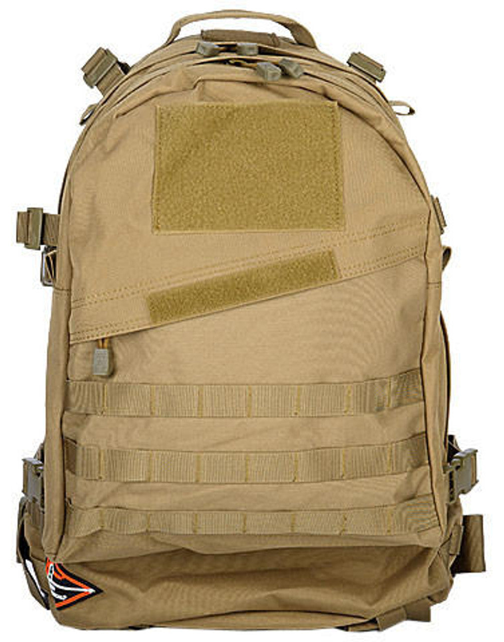 Lancer Tactical 3-Day Assault Pack in AT-FG Tan, with MOLLE webbing, Front Side View of Straps, Zipper, and Top Handle