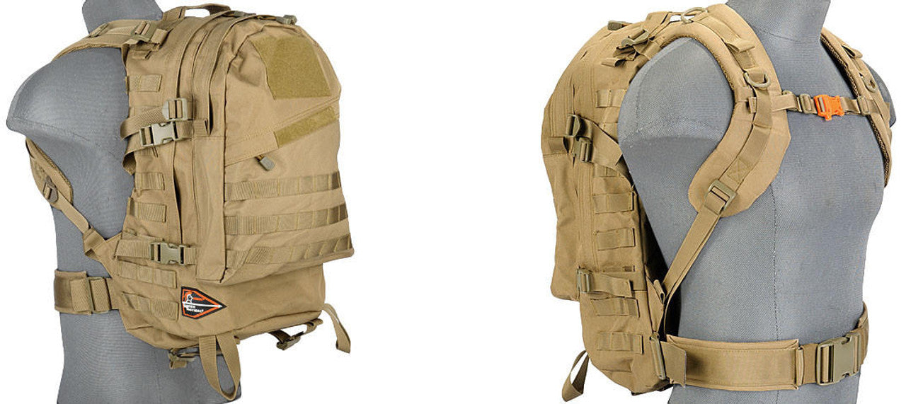 Lancer Tactical 3-Day Assault Pack in AT-FG camo, with MOLLE webbing, adjustable straps, and a large main compartment for tactical gear, Back Side View of Backpack and Shoulder Straps